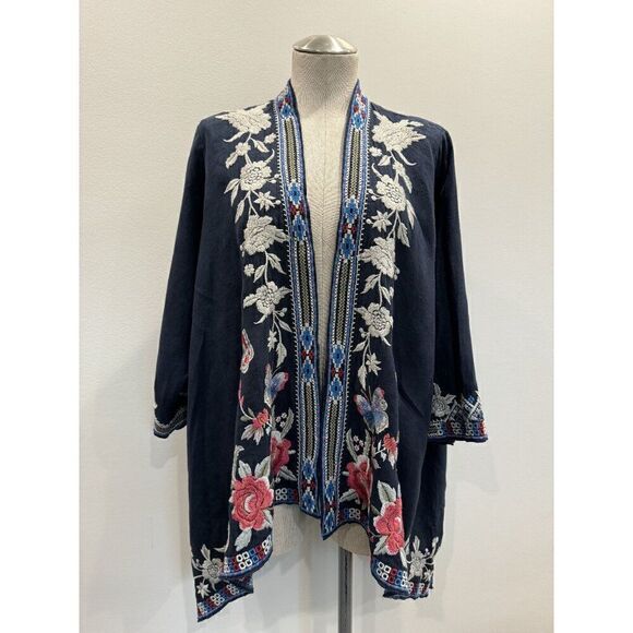 Johnny Was NWT Florence Linen Draped Cardigan in Navy Size L - Picture 1 of 5